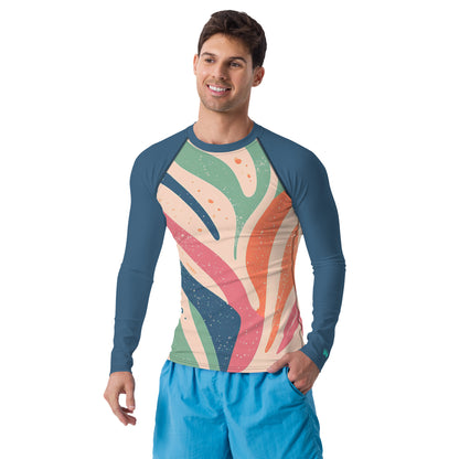 Men's coral abstract rash guard with long sleeves, perfect for sun protection and stylish beach outings.