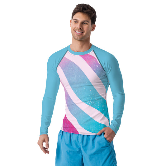 Male model wearing a colorful Men's Rash Guard with wave pattern, showcasing UPF 50+ sun protection and playful design.