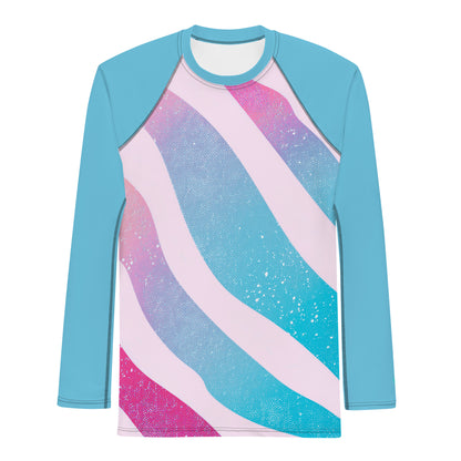 Men's rash guard featuring playful wave set design in vibrant blue and pink, perfect for sun protection and surfing. UPF 50+.