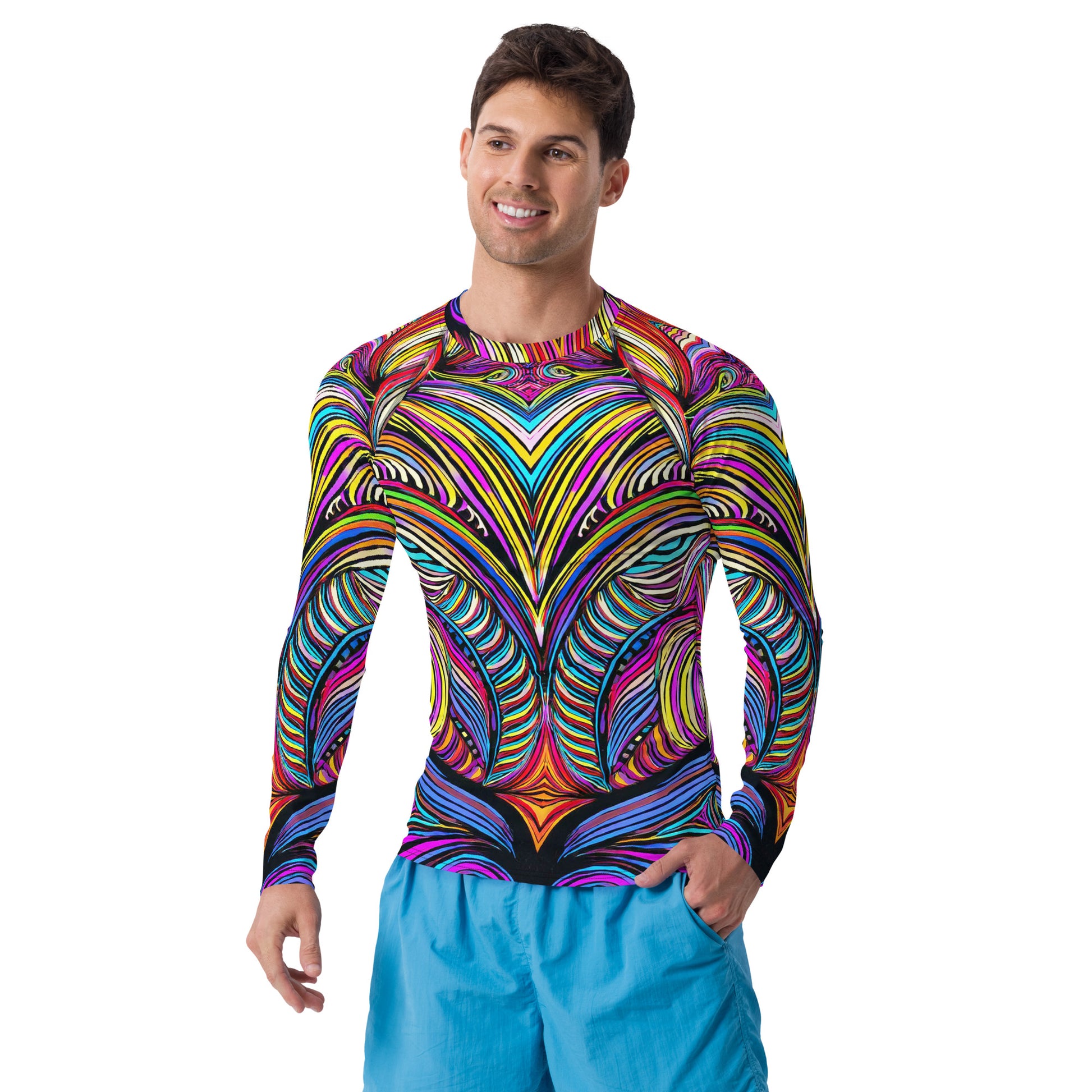 Colorful Mad Abstract men's rash guard with unique tiki design, perfect for sun protection and active sports.