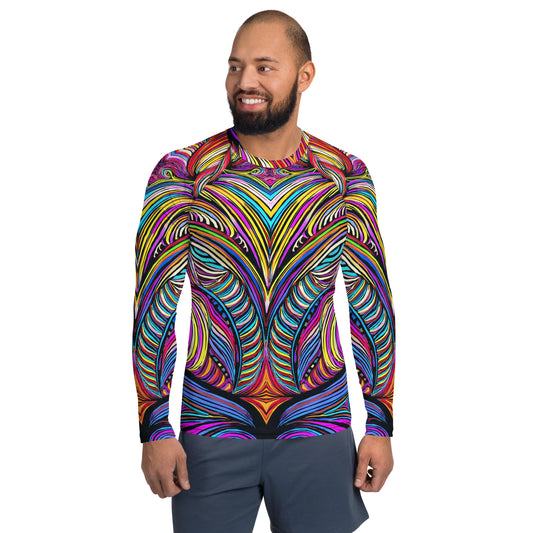 Men's rash guard with vibrant tiki design, offering style and UPF 50+ sun protection for active lifestyles.