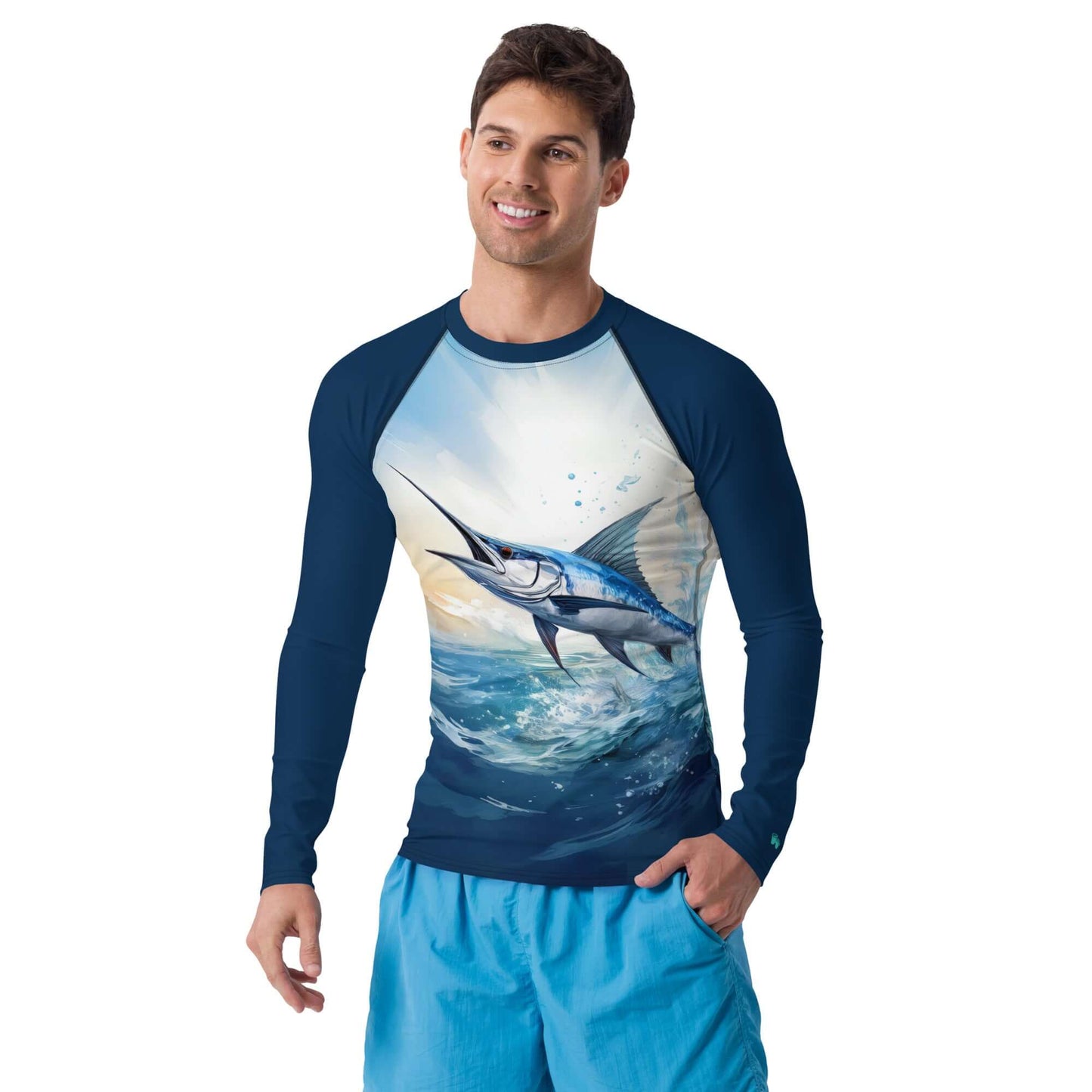 Man wearing a blue marlin print rash guard, perfect for water sports with UPF 50+ protection.