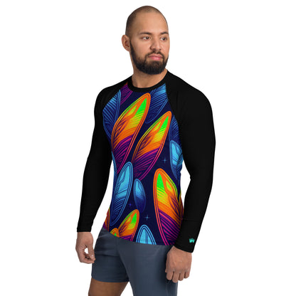 Stylish man wearing a colorful Men's Rash Guard with Night Sky Surfboard pattern, perfect for surf adventures and UPF 50+ protection.