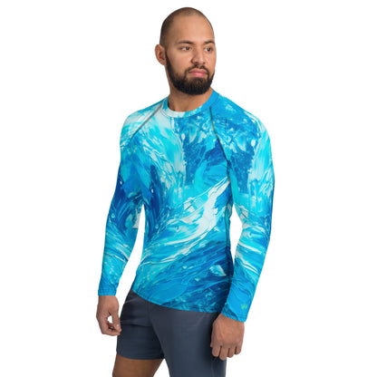 Men's rash guard featuring a vibrant blue wave pattern, perfect for sun protection and stylish surfing adventures.