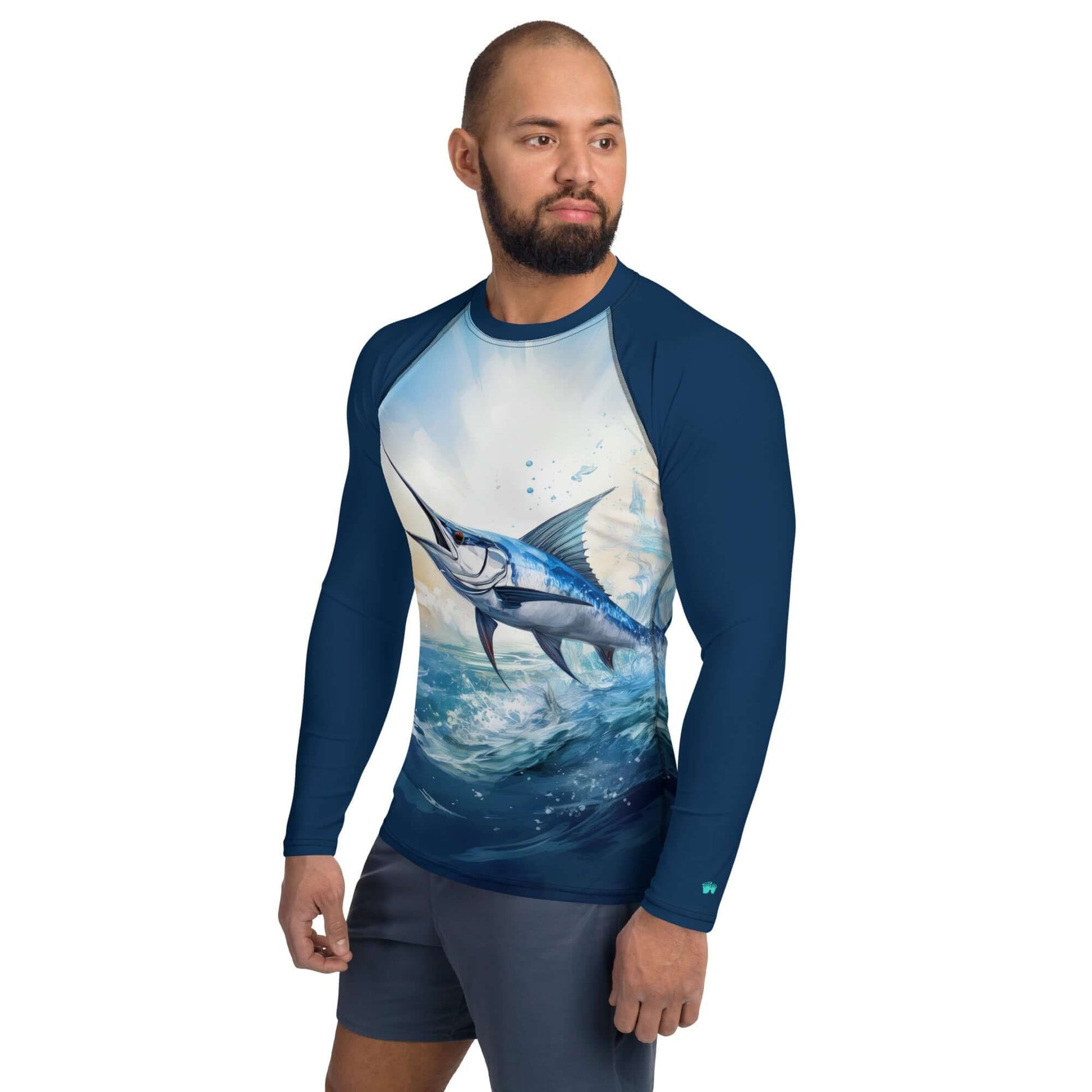 Men's blue marlin rash guard with long sleeves, perfect for water sports and sun protection. UPF 50+ for extra safety.