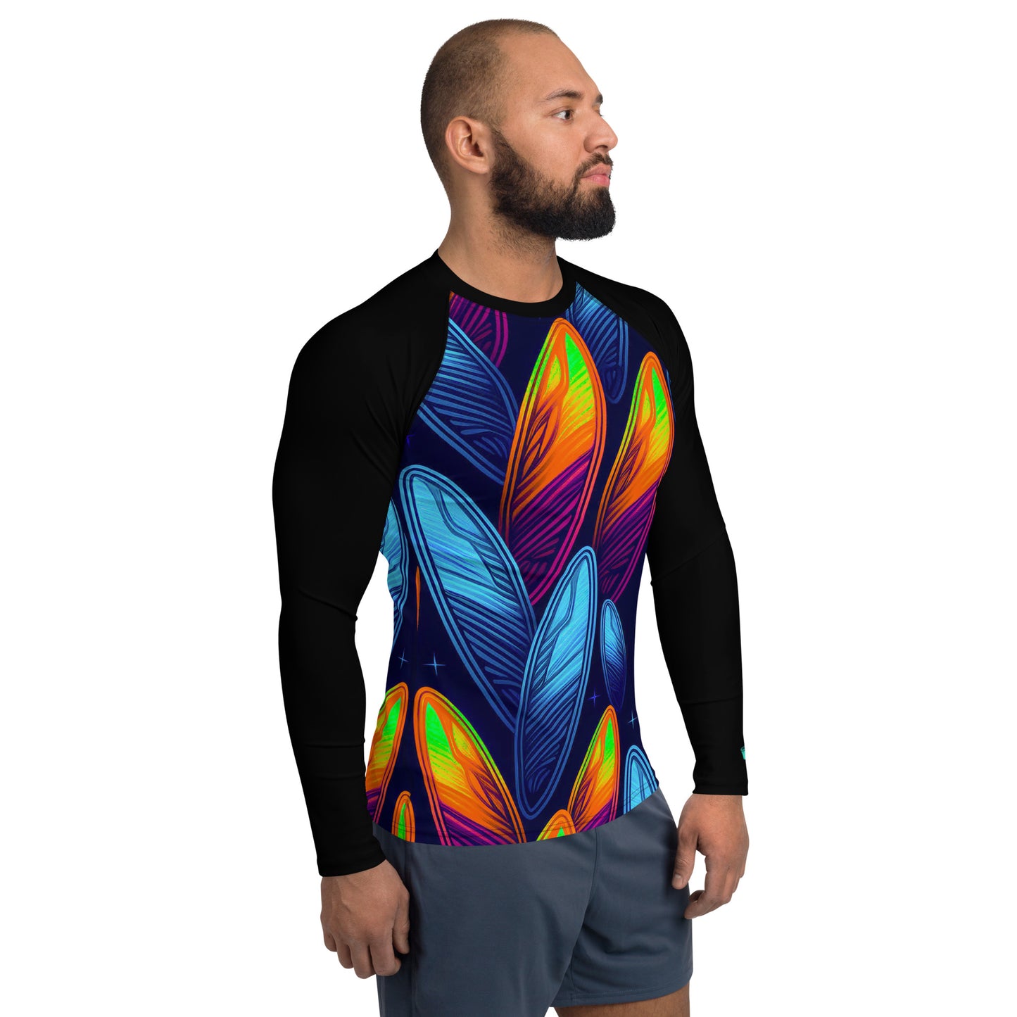 Men's rash guard with vibrant night sky surfboard pattern, perfect for surfing and sun protection.