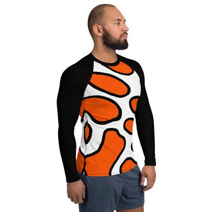 Men's slim-fit UPF 50+ rash guard in clown fish pattern, perfect for surfing and swimming under the sun.