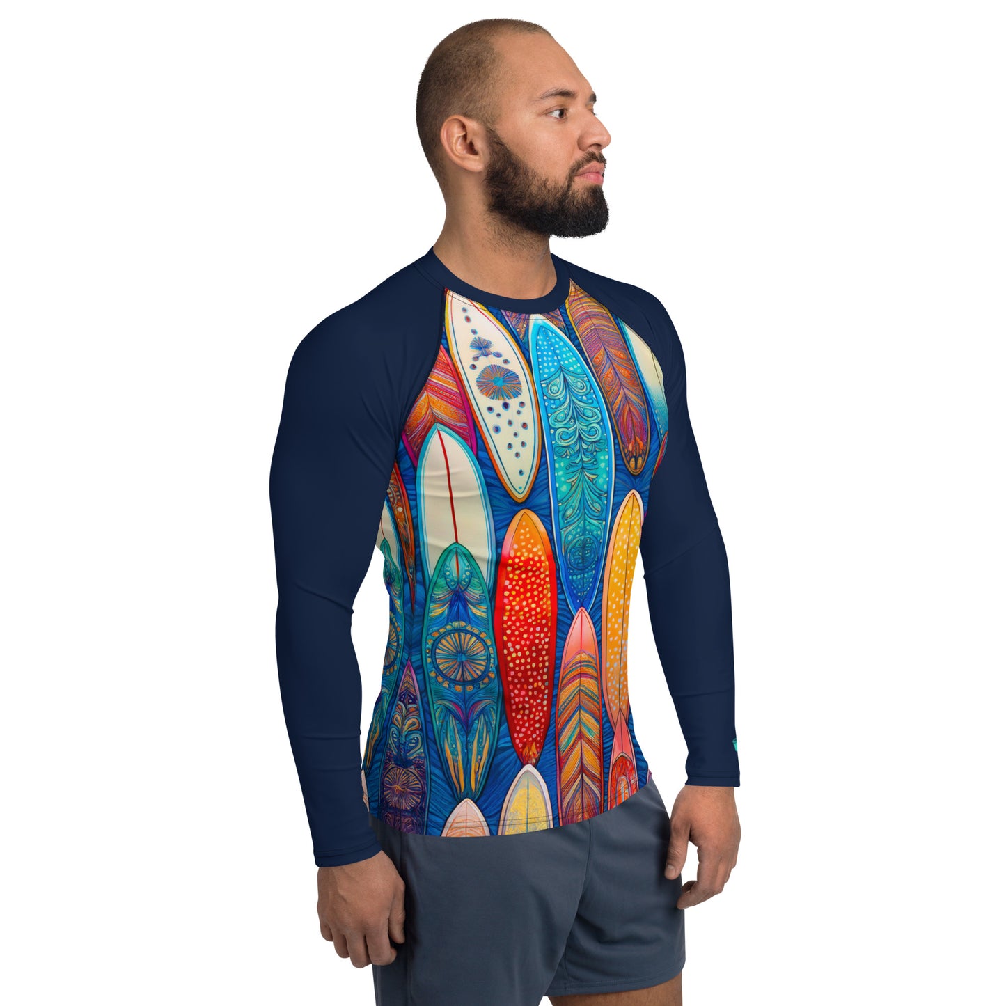 Men's rash guard featuring a colorful surfboard quiver design, perfect for comfortable sun protection while surfing.