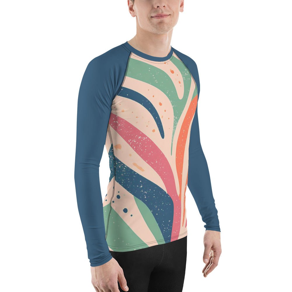 Men's coral abstract rash guard with long sleeves and UPF 50+ for stylish sun protection and comfort.