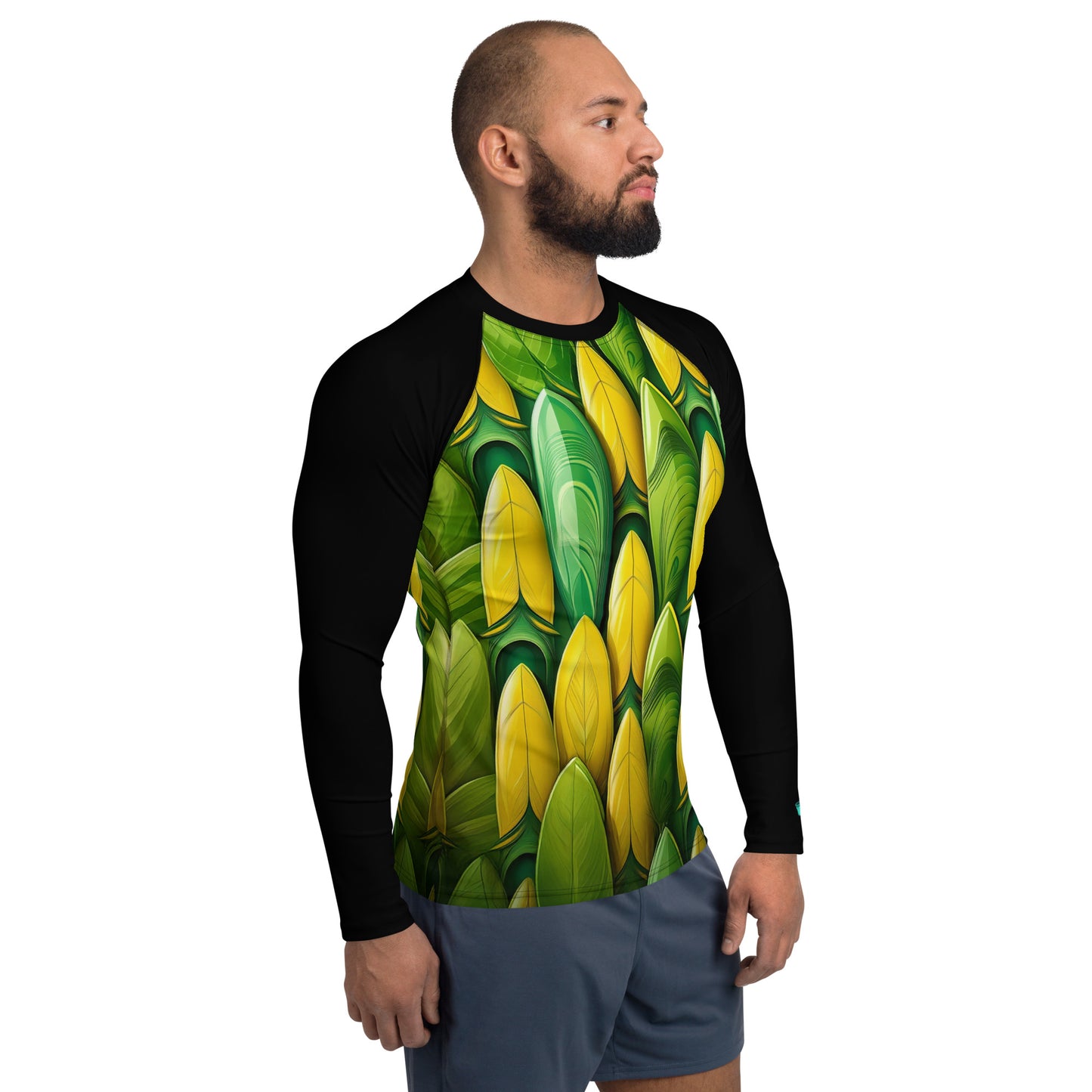 Men's rash guard with vibrant surfboard pattern, featuring UPF 50+ protection for stylish wave riding adventures.