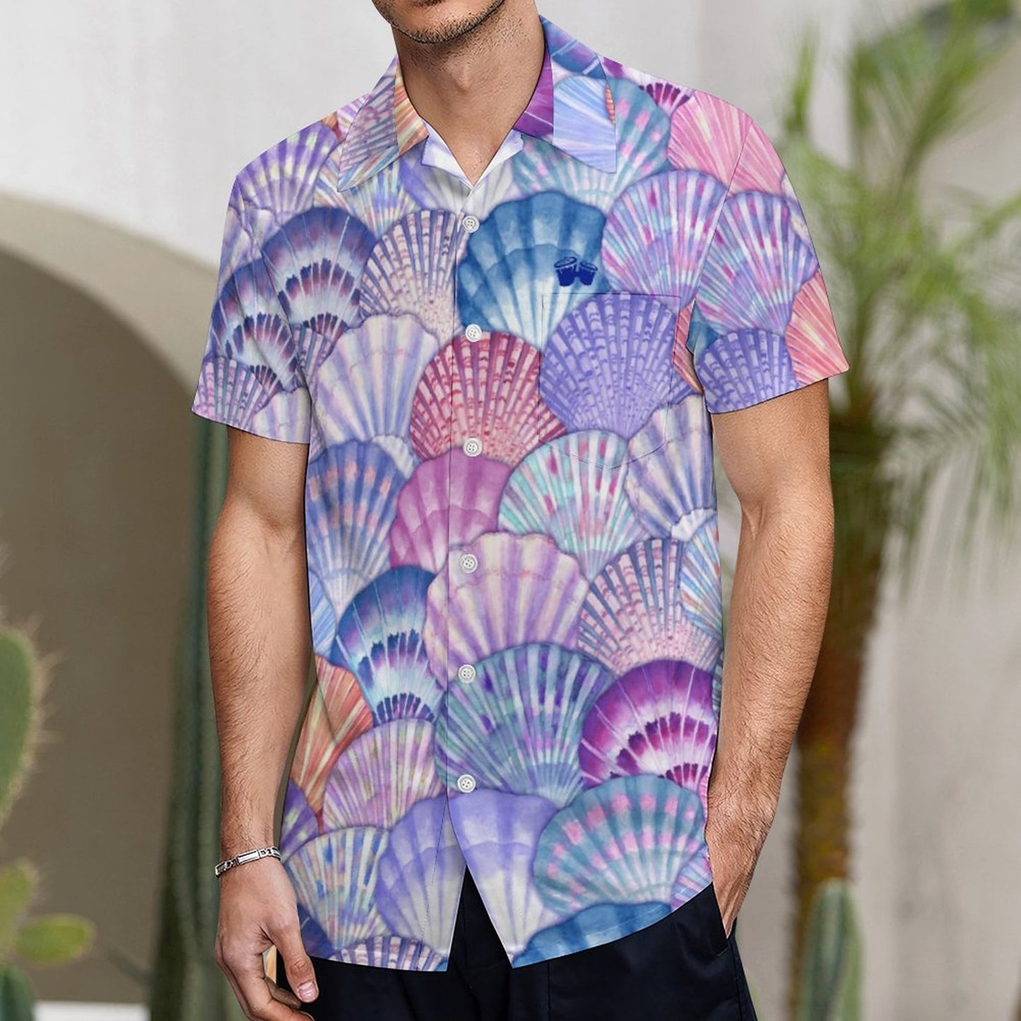 Men's Short Sleeve Seashell Print Shirt with Pocket