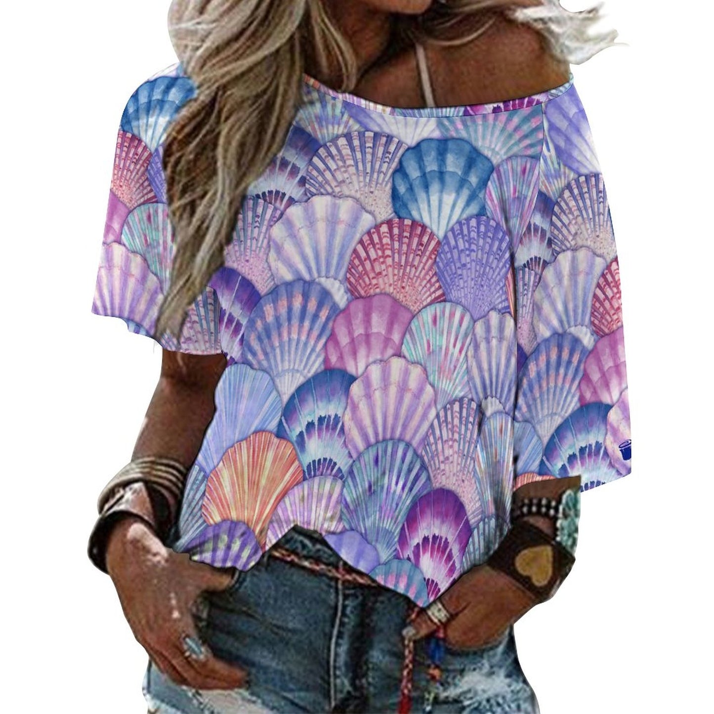 Women’s Off the Shoulder Slouchy, Half-Sleeve T-shirt With Colorful Seashell Pattern Print