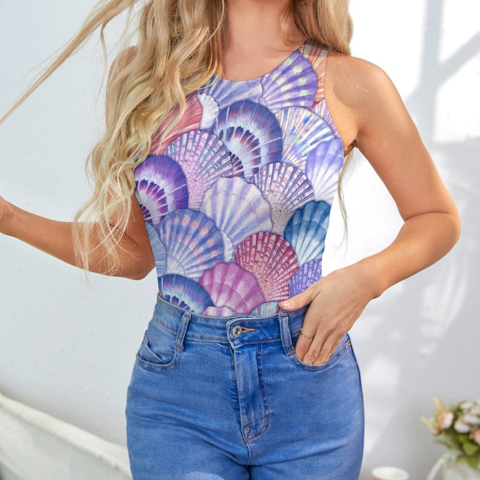 Tank Top Bodysuit With Oversized Seashell Print