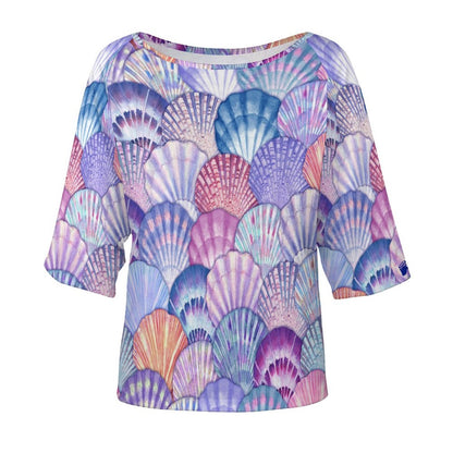 Women’s Off the Shoulder Slouchy, Half-Sleeve T-shirt With Colorful Seashell Pattern Print